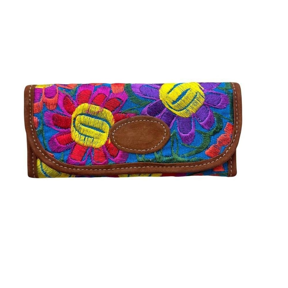 Unbranded Trifold Wallet Multicolor OS Floral Embroidered Suede Trim